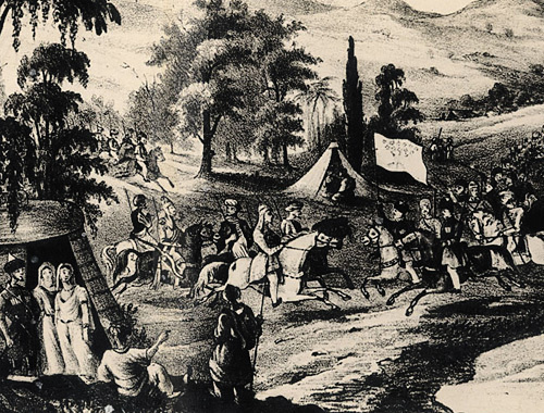 Фрагмент рисунка "Съезд лидеров Черкессии на берегу р. Убин" (период русско-кавказской войны). Фото с литографии. Лондон, 1837 г. Источник: http://circassiangenocide.org
