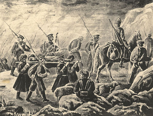 Фрагмент рисунка из альбома Тенгинского полка "Разорение аула князя Докшукова". Период русско-кавказской войны, 1835 год. Источник: http://www.circassiangenocide.org
