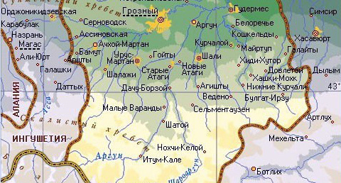Расположение населённых пунктов вдоль границы Чеченской и Ингушской республик Фото: http://rfmaps.ru/chechenskaja-respublika/