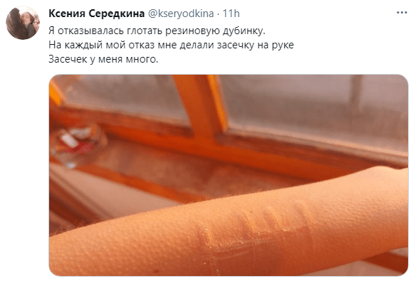 Скриншот публикации Середкиной об издевательствах, https://twitter.com/kseryodkina/status/1385432789433167873