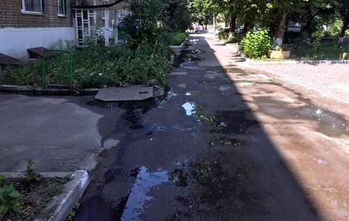 Канализационные отходы во дворе жилого дома. Красный Сулин, 1 августа 2021 года. Фото Вячеслава Прудникова для "Кавказского узла".