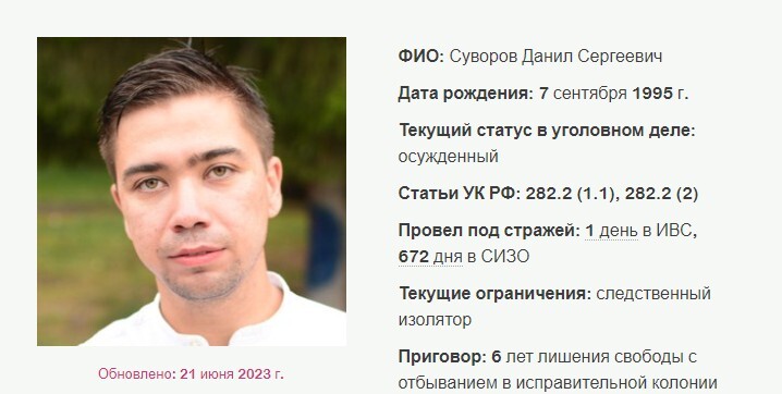 Данил Суворов. Скриншот со страницы сайта, где собрана информация об уголовных делах в отношении российских Свидетелей Иеговы*. Данил Суворов. Скриншот со страницы сайта, где собрана информация об уголовных делах в отношении российских Свидетелей Иеговы*.