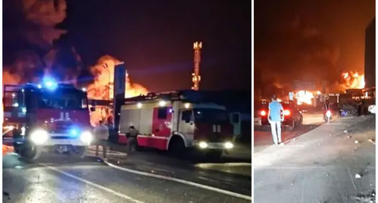 Коллаж "Кавказского узла". На месте взрыва на АЗС в Махачкале. Стоп-кадр из видео https://www.youtube.com/watch?v=klV0gky9fjE.
Взрыв на АЗС в Махачкале. Фото пресс-служба МЧС
