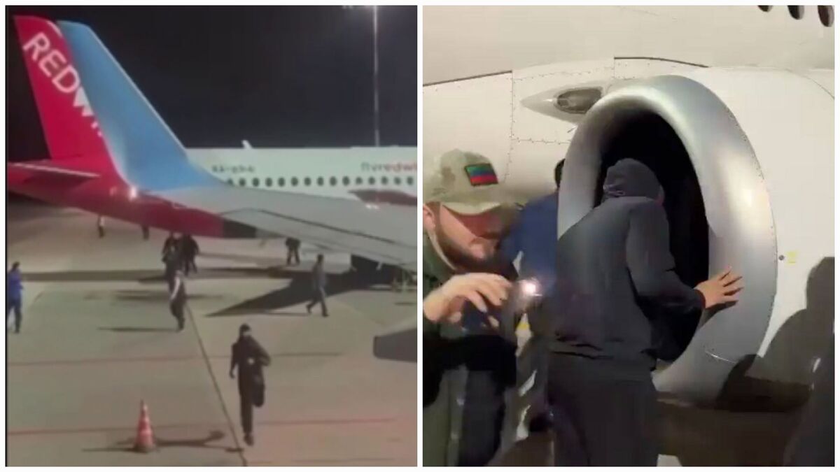 Протестующие на взлетно-посадочной полосе в аэропорту Махачкалы. Нападавшие осматривают турбину самолета. Коллаж “Кавказского узла”. Фото: стоп-кадр видео https://t.me/rusnews/43379, https://t.me/bazabazon/22578
