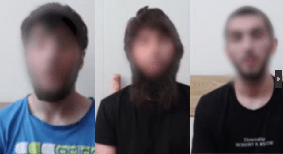 Трое задержанных в Каспийске на допросах. Коллаж "Кавказского узла". Стоп-кадр видео Национального антитеррористического комитета от 27.07.24, https://vk.com/nakgov?w=wall-176685352_1452
