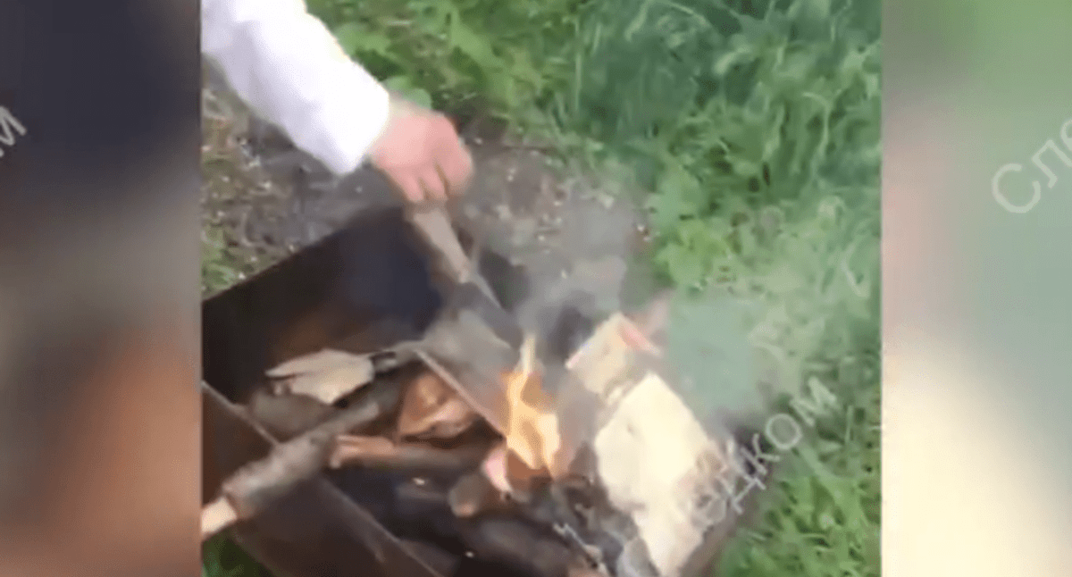 Молодой человек кладет в разведенный в мангале огонь Новый Завет. Стоп-кадр видео управления СКР по Ставрополью от 03.05.24, https://t.me/su_skr26/3115
