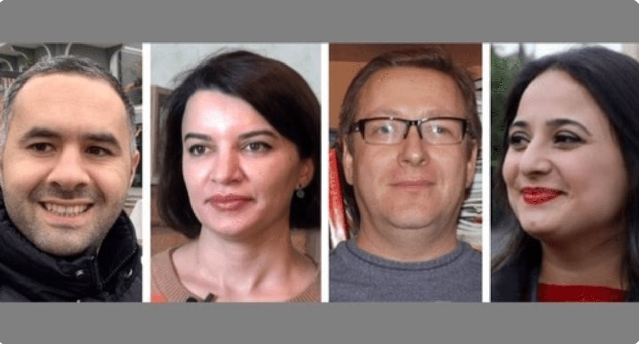 Сотрудники Abzas Media (слева направо) Ульви Гасанли, фото: https://tlgrm.ru/channels/@Bagramyan26/54388, Севиндж Вагифгызы, кадр видео www.youtube.com/watch?v=MXAHM9xLj6Y, Хафиз Бабалы, фото: Институт свободы и безопасности репортеров https://www.irfs.org/news-feed/real-movement-member-questioned-by-police-over-a-planned-roundtable-event-january-22, Наргиз Абсаламова, фото: Ульвия Али, Mеydan.tv. Коллаж "Кавказского узла".

