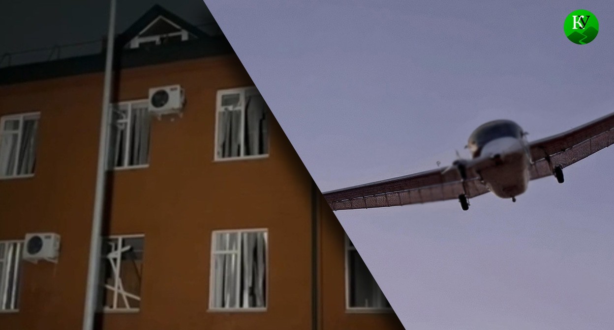 Здание полка МВД в Грозном после атаки дрона 12 декабря и БПЛА в небе. Коллаж "Кавказского Узла". Кадр видео в телеграм-канале Рамзана Кадырова https://t.me/RKadyrov_95

