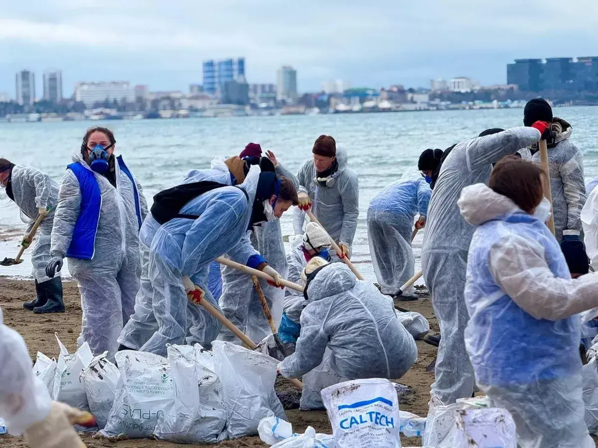 Уборка мазута на берегу. Декабрь 2024 года. Фото: оперштаб Краснодарского края