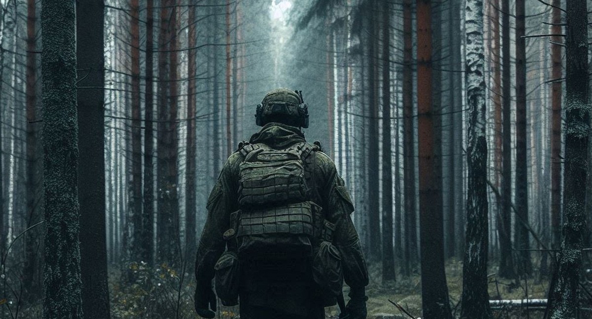 Военный в лесу. Иллюстрация создана «Кавказским узлом» с помощью ИИ в программе Photoshop
