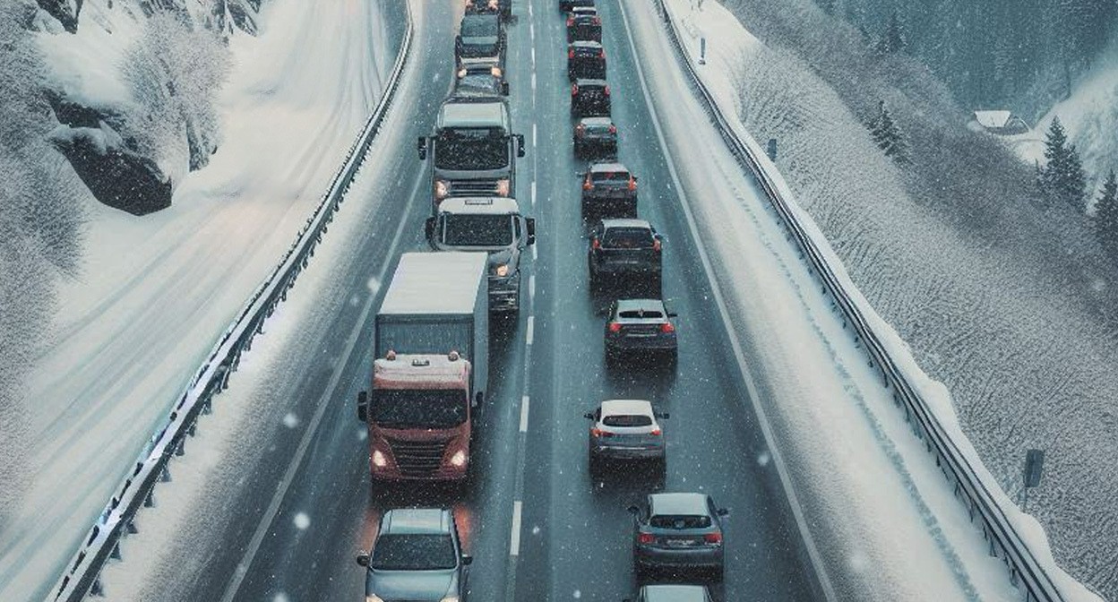 Очередь из транспортных средств. Иллюстрация создана «Кавказским узлом» с помощью ИИ в программе Copilot
