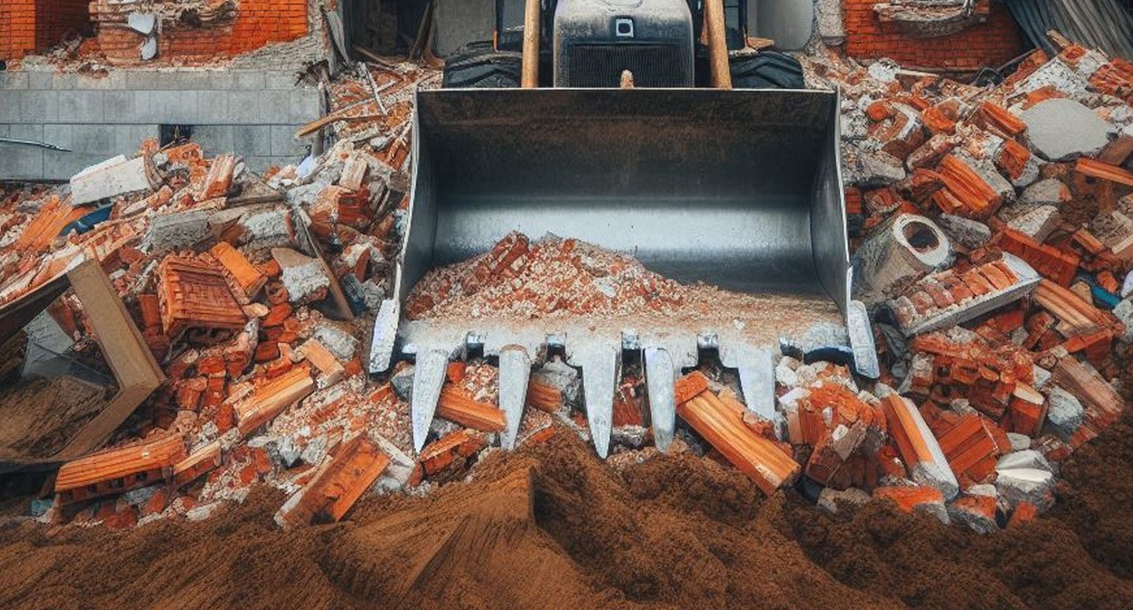 Бульдозер сносит дом. Иллюстрация создана «Кавказским узлом» с помощью ИИ в программе Copilot