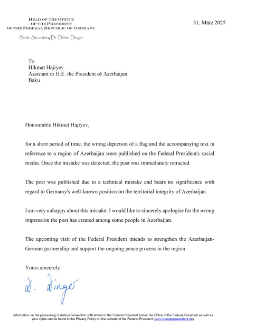 Факсимиле письма госсекретаря ФРГ Дёрте Дингер с извинениями.  https://azertag.az/ru/xeber/3480139
