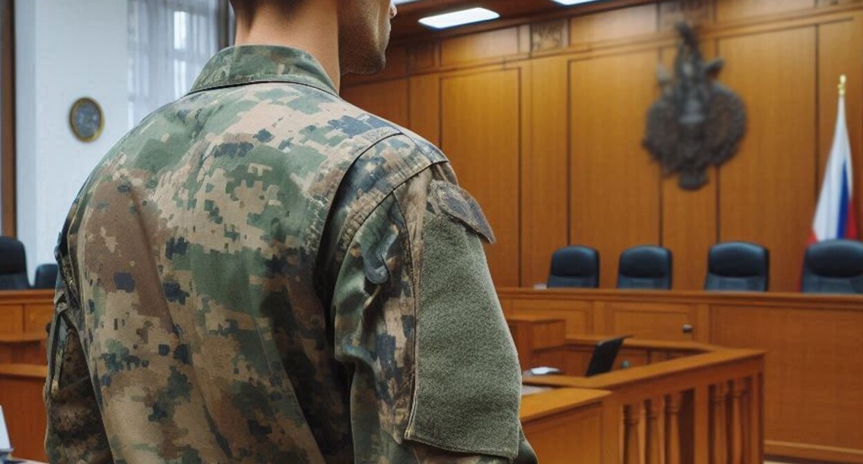 Военнослужащий в суде. Иллюстрация создана "Кавказским узлом" с помощью ИИ в программе Copilot