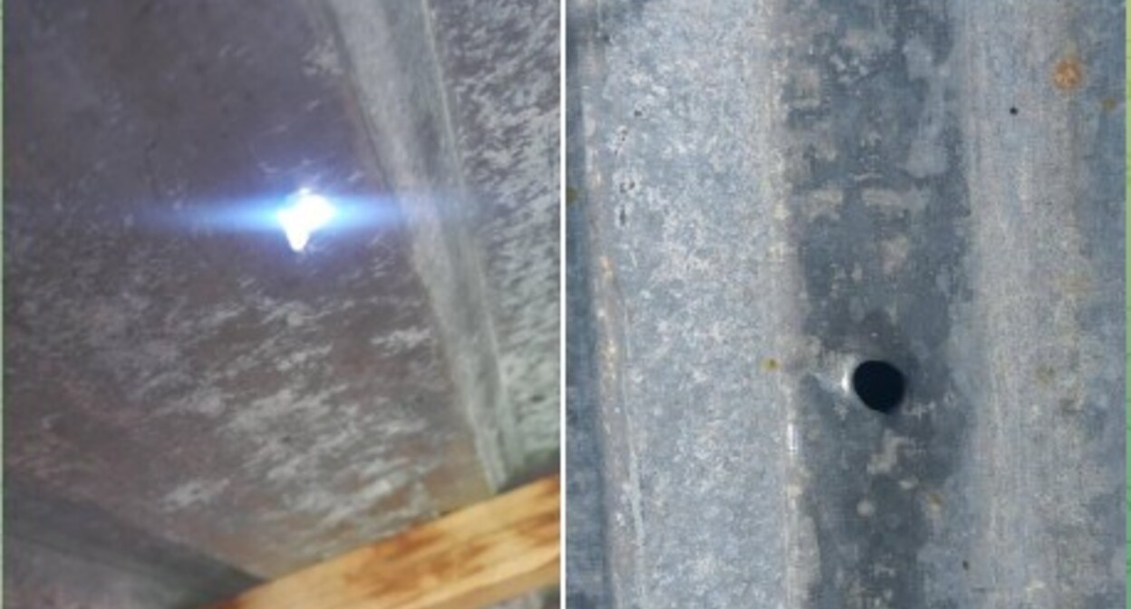 Повреждение в крыше жилого дома после обстрела населенного пункта Хнацах Сюникской области Армении. Скриншот из публикации телеграм-канала Re:public of Artsakh.