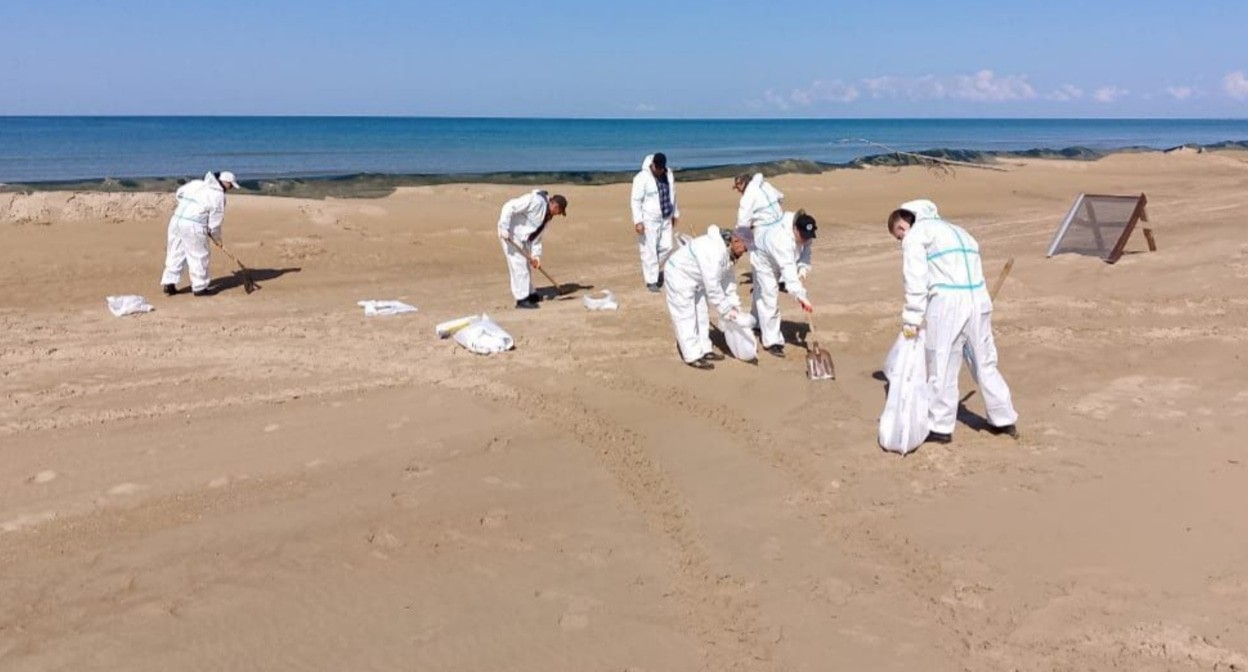Очистка песка на пляже Анапы. 11 мая 2025 года. Фото из телеграм-канала оперштаба Кубани https://t.me/opershtab23/13456