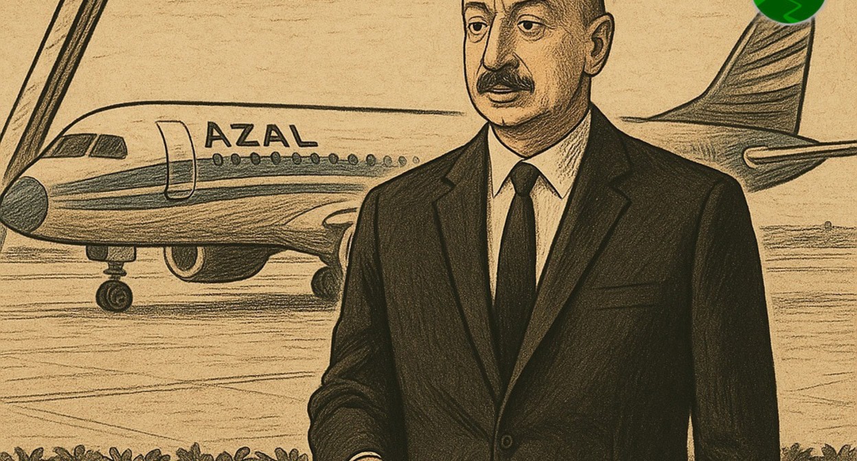 Алиев и самолет. Иллюстрация создана "Кавказским узлом" с помощью ИИ в программе Copilot