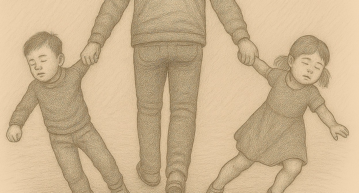 Мужчина уводит детей. Иллюстрация создана "Кавказским узлом" с помощью ИИ в программе Copilot