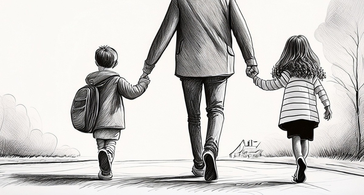 Отец увозит детей. Иллюстрация создана «Кавказским узлом» с помощью ИИ в программе Photoshop