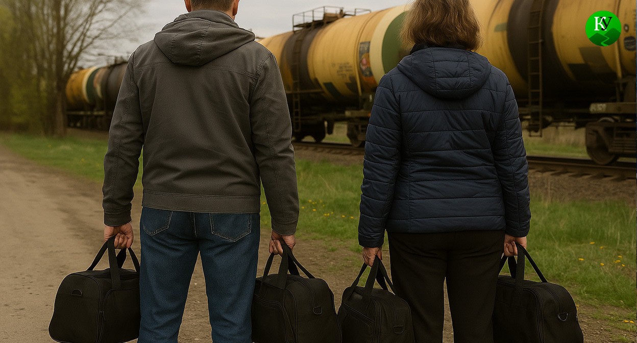 Супружеская пара на фоне цистерн. Иллюстрация создана «Кавказским узлом» с помощью ИИ в программе Copilot