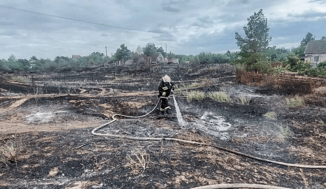 Огонь на острове Сарпинский подступил вплотную к домам. Скриншот фото МЧС Волгоградской области от 05.06.25, https://t.me/mchs_volgograd/4383