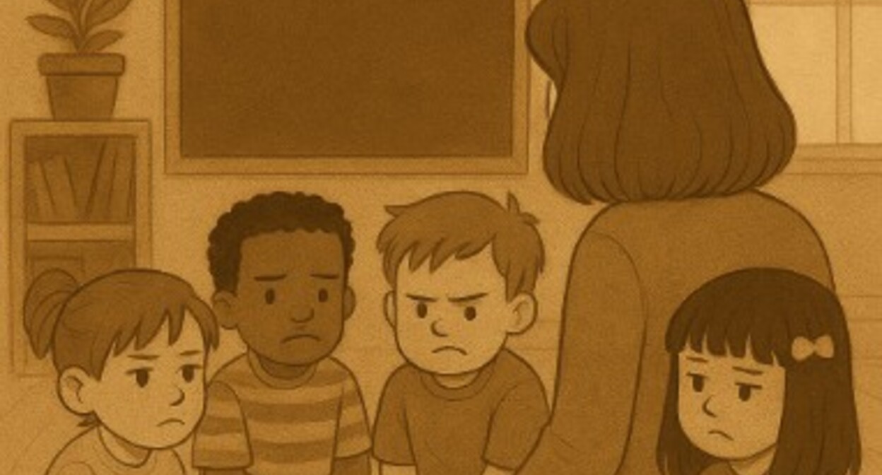 Воспитательница и группа детей. Иллюстрация создана "Кавказским узлом" с помощью ИИ в программе Copilot.