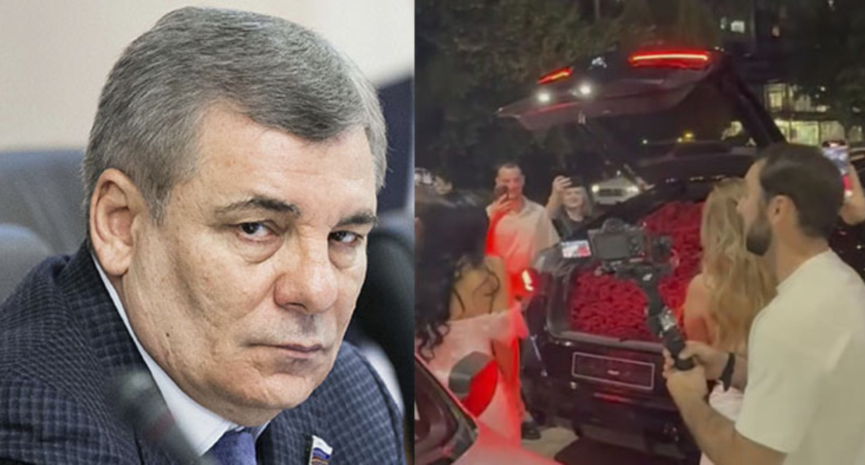 Арсен Каноков. Подарки сына Арсена Канокова Альберта своей девушке. Коллаж "Кавказского узла". Фото: пресс-служба Совета Федерации. Скриншот видео https://t.me/sovetnik333