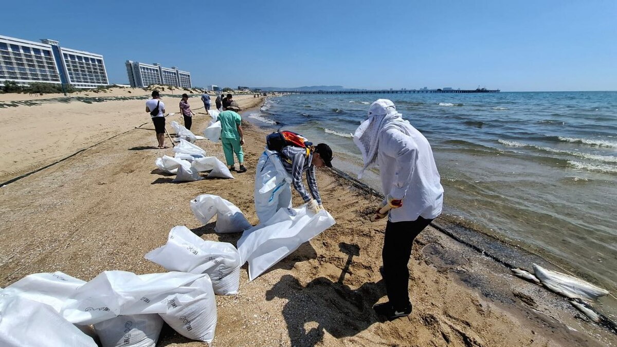 Уборка мазута с пляжа в Анапе. Фото: https://anapamedia.ru/