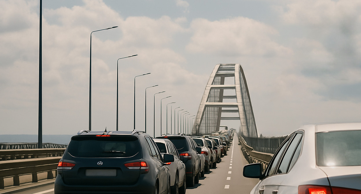 Пробка перед мостом. Иллюстрация создана "Кавказским узлом" с помощью ИИ в программе Copilot