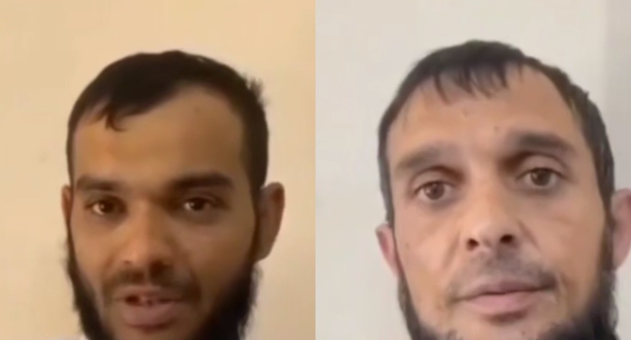 Двое мужчин принесли извинения за сбор милостыни под видом бойцов "Ахмата". Стоп-кадр видео https://t.me/AptiAlaudinovAKHMAT/11931 от 05.07.25.