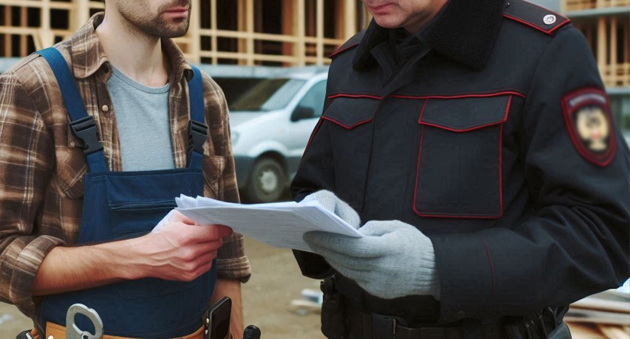 Полицейский проверяет документы у мигранта. Иллюстрация создана "Кавказским узлом" с помощью ИИ в программе Copilot