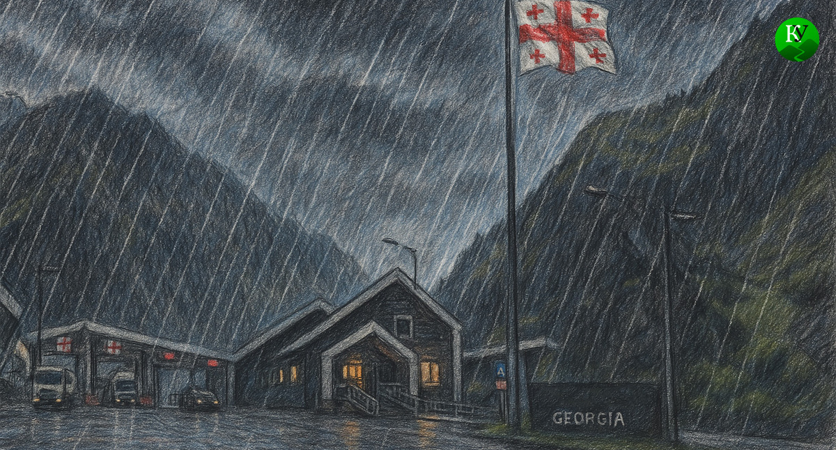 "Верхний Ларс" во время ливня. Иллюстрация создана «Кавказским узлом» с помощью ИИ в программе Copilot