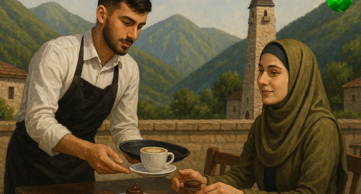 Официант обслуживает посетительницу кафе. Изображение создано "Кавказским узлом" при помощи ИИ в программе Copilot