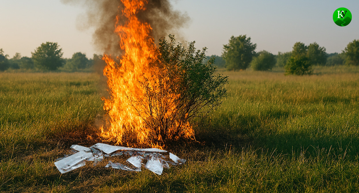 Горят обломки БПЛА. Иллюстрация создана "Кавказским узлом" с помощью ИИ в программе Copilot