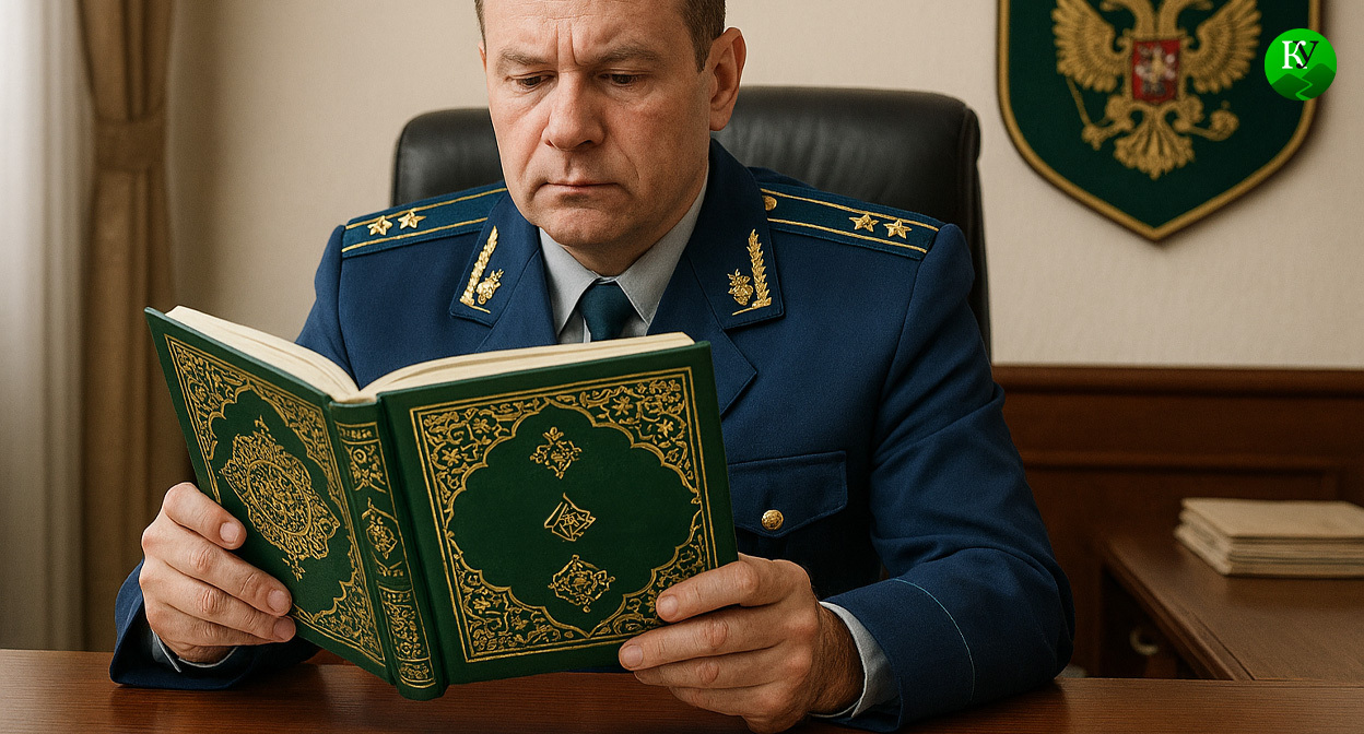 Прокурор изучает словарь "Ислам на Северном Кавказе". Иллюстрация создана «Кавказским узлом» с помощью ИИ в программе Copilot