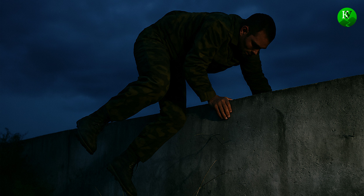 Военный покидает часть. Иллюстрация создана «Кавказским узлом» с помощью ИИ в программе Copilot