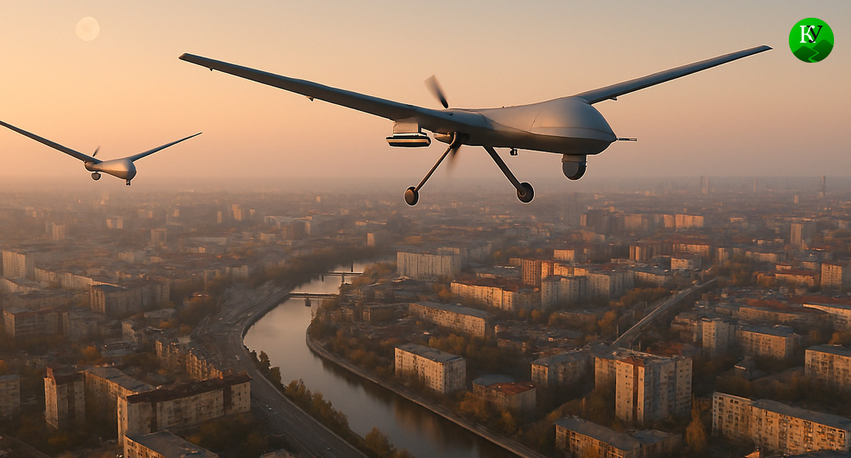 БПЛА над городом. Иллюстрация создана "Кавказским узлом" с помощью ИИ в программе Copilot