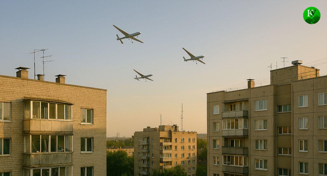 БПЛА над городом. Иллюстрация создана "Кавказским узлом" с помощью ИИ в программе Copilot