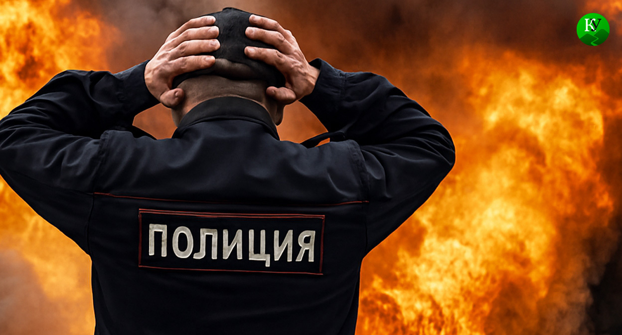 Силовик на фоне взрыва. Иллюстрация создана «Кавказским узлом» с помощью ИИ в программе Copilot