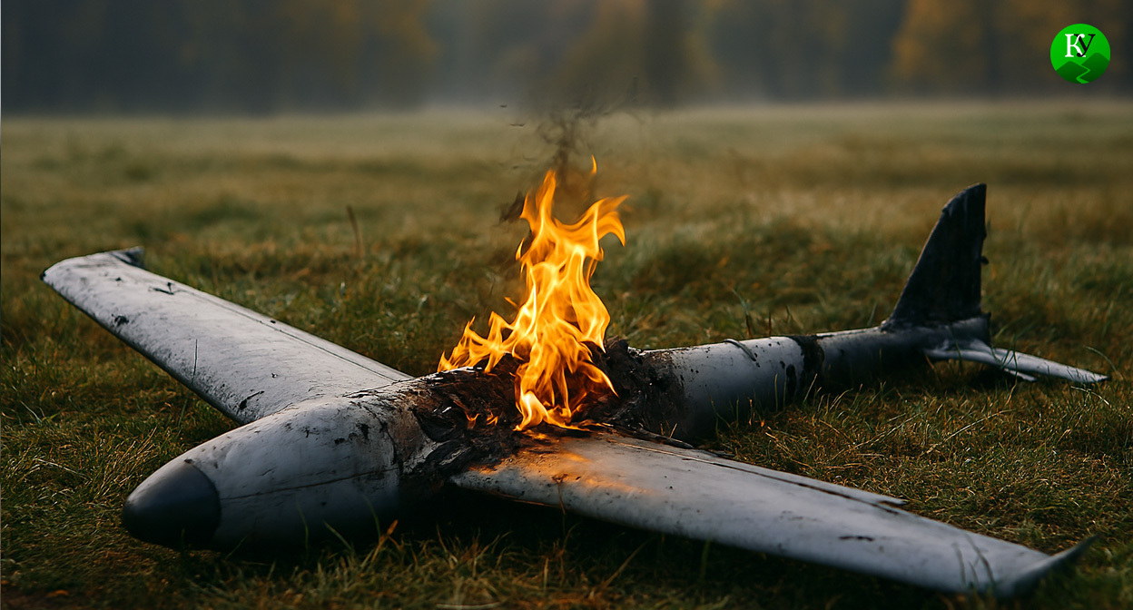 Горящий БПЛА. Иллюстрация создана "Кавказским узлом" с помощью ИИ в программе Copilot