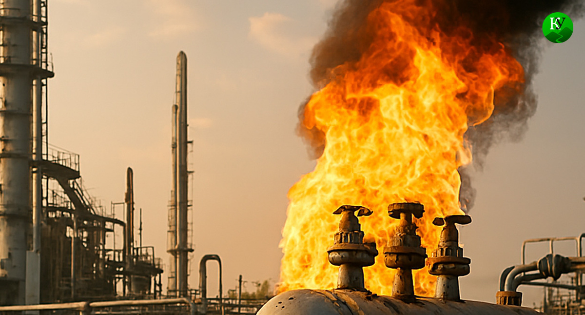 Пожар на НПЗ. Иллюстрация создана «Кавказским узлом» с помощью ИИ в программе Copilot