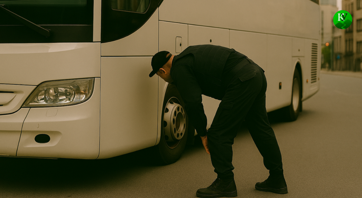 Силовик осматривает автобус. Изображение создано "Кавказским узлом" при помощи ИИ в программе Copilot.