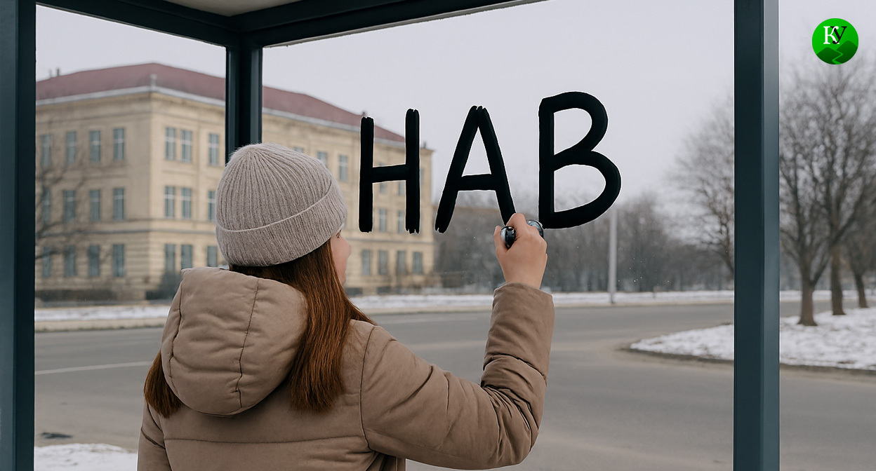 Школьница оставляет надпись на остановке. Иллюстрация создана «Кавказским узлом» с помощью ИИ в программе Copilot