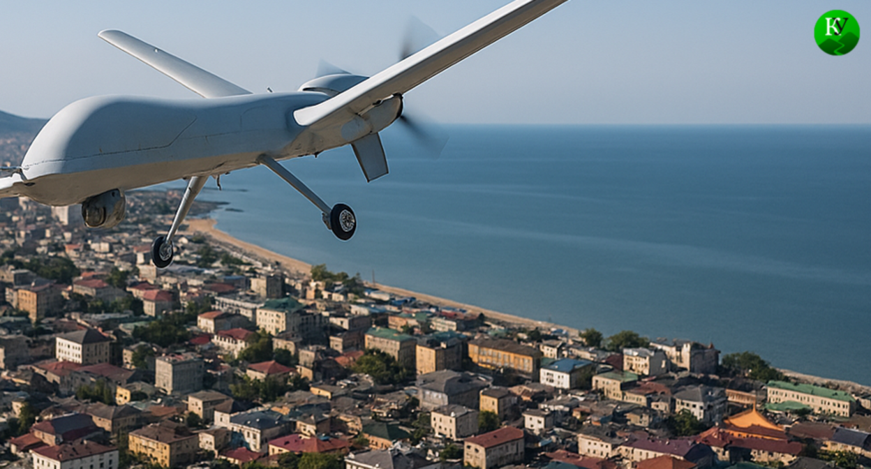 дрон над Махачкалой. Изображение создано "Кавказским узлом" при помощи ИИ в программе Сopilot. 