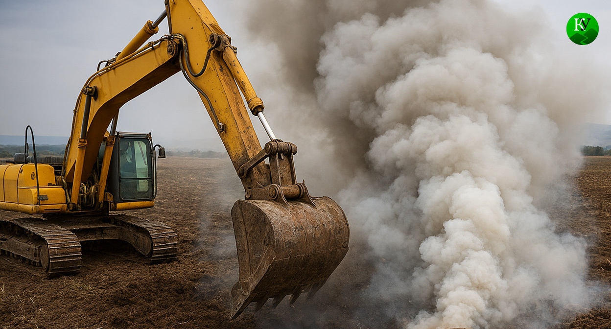 Экскаватор и дым. Иллюстрация создана «Кавказским узлом» с помощью ИИ в программе Copilot