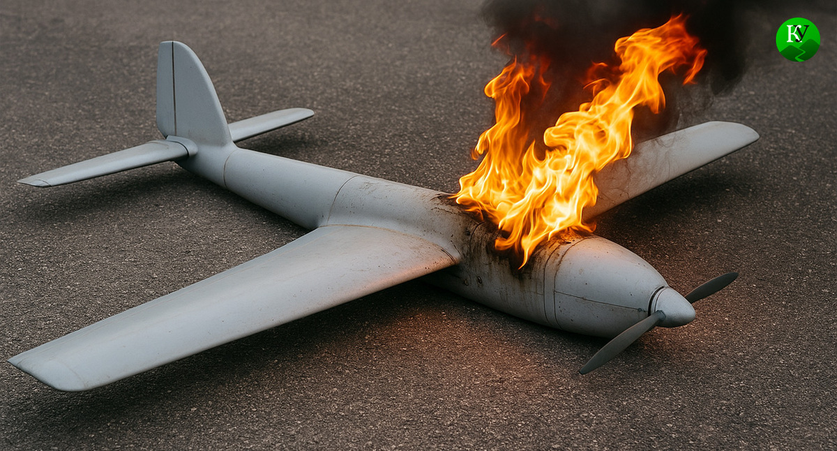 БПЛА горит. Иллюстрация создана «Кавказским узлом» с помощью ИИ в программе Copilot