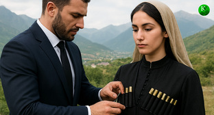 Чиновник изымает газыри. Иллюстрация создана «Кавказским узлом» с помощью ИИ в программе Copilot