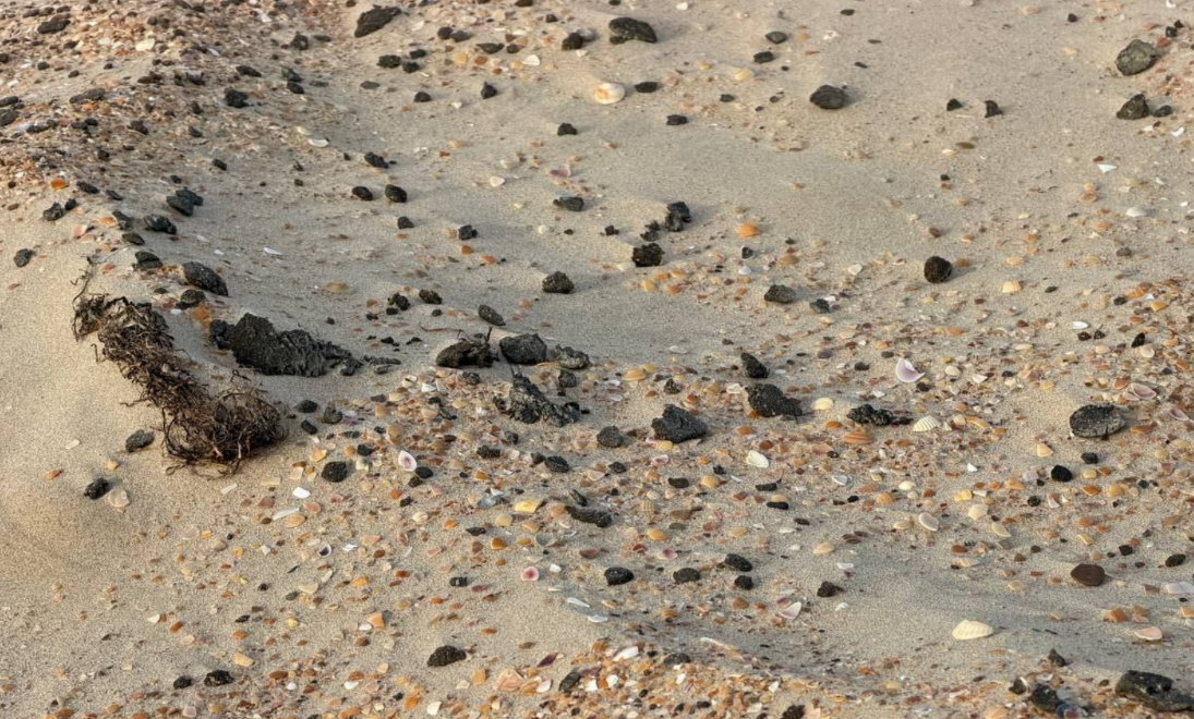 Мазутная крошка на пляже в Джемете. Скриншот фото из Telegram-канала Юрия Озаровского от 23.07.25, https://t.me/MoreOz/110642?single&comment=1415119