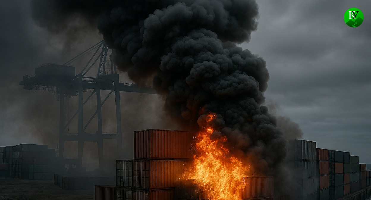 Пожар в порту. Иллюстрация создана «Кавказским узлом» с помощью ИИ в программе Copilot