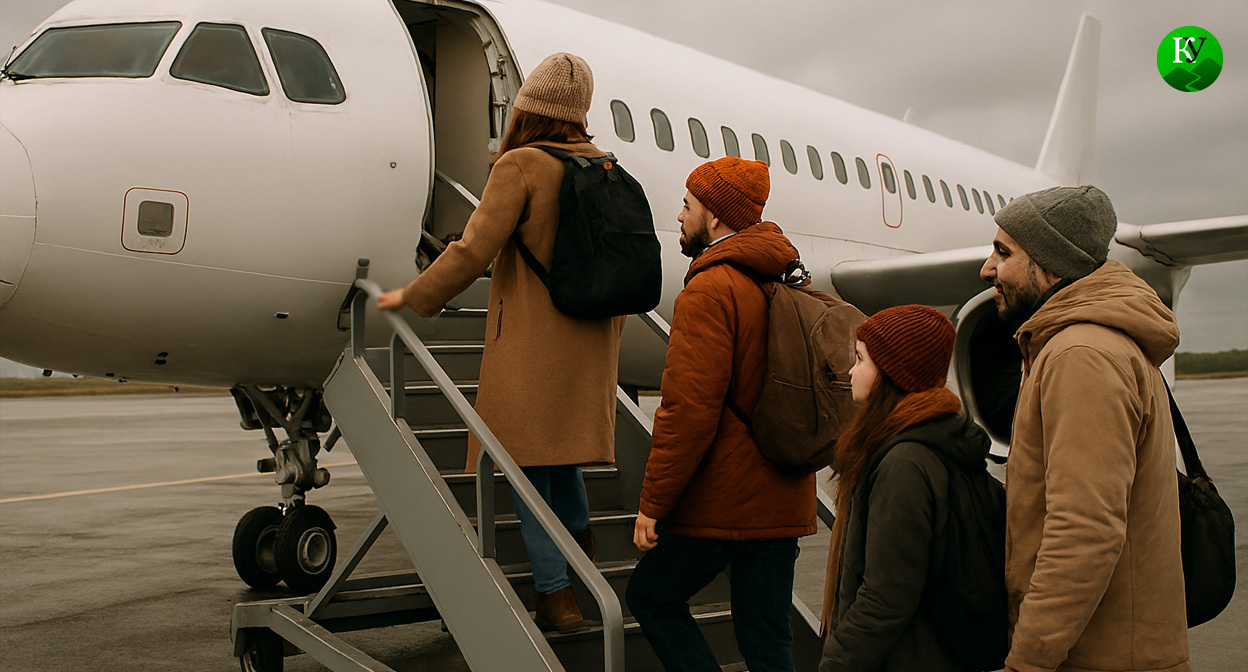 Пассажиры садятся в самолет. Иллюстрация создана «Кавказским узлом» с помощью ИИ в программе Copilot